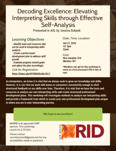 Decoding Excellence Workshop flyer with Jessica Eubank. Virtual workshop October 27th, 2024.