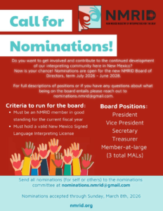 Call for nominations flyer with a red background and clipart of hands being raised holding hearts. Text all available in body of post.